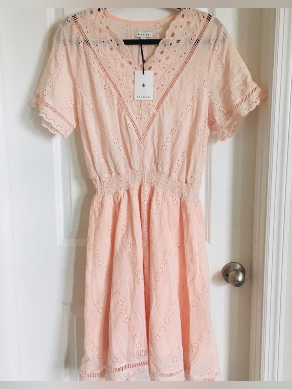 Stellah Eyelet Embroidered Blush Pink Mini Dress NWT Size Small